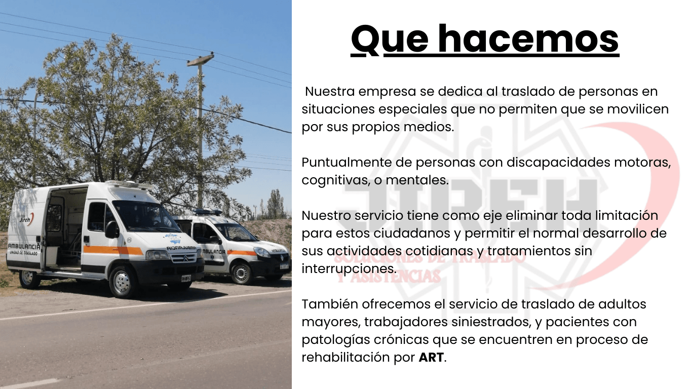 Nuestra empresa se dedica al traslado de personas en situaciones especiales que no permiten que se movilicen por sus propios medios. Puntualmente de personas con discapacidades motoras, cogni vas,